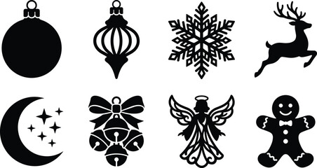 Fototapeta premium Christmas silhouette icon set with bauble snowflake running reindeer jingle bells angel gingerbread man and crescent moon silhouettes