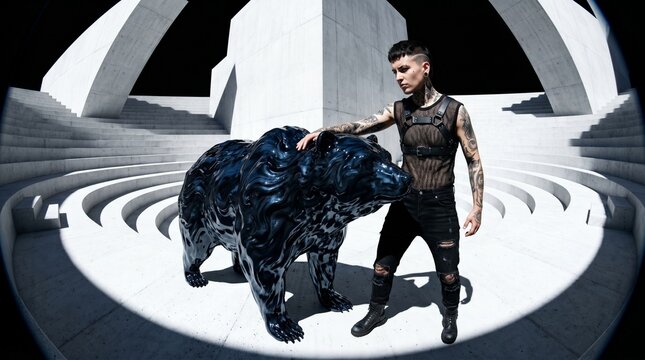 Tattooed Person with Black Bear Sculpture in Modern Architecture