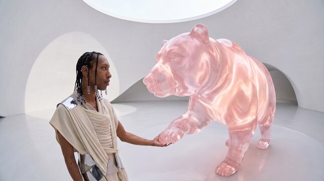 Woman Encountering Giant Pink Crystal Bear Sculpture
