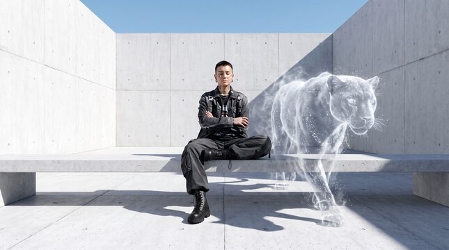 Young Man Sitting with Glowing Tiger Spirit Vision