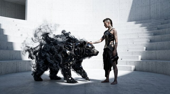 Woman With Mystical Black Smoke Wolf Spirit