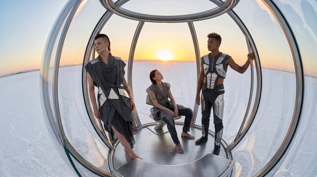 Diverse Team in Futuristic Bubble at Sunset