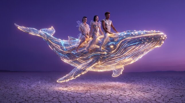 Three People Riding Glowing Neon Whale Fantasy