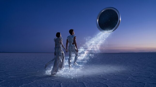 Two Figures Gazing at Portal to Cosmic Universe