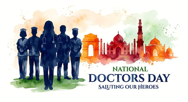 National doctors day celebration and doctors silhouette on background.
