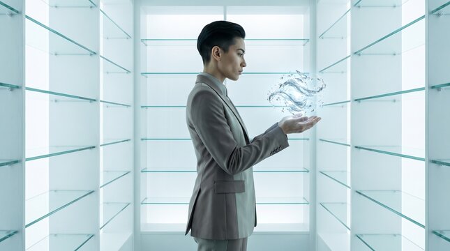 Businessman Holding Water Splash in Modern Office