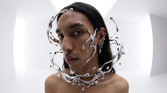 Person with Water Splashing Around Face and Piercings