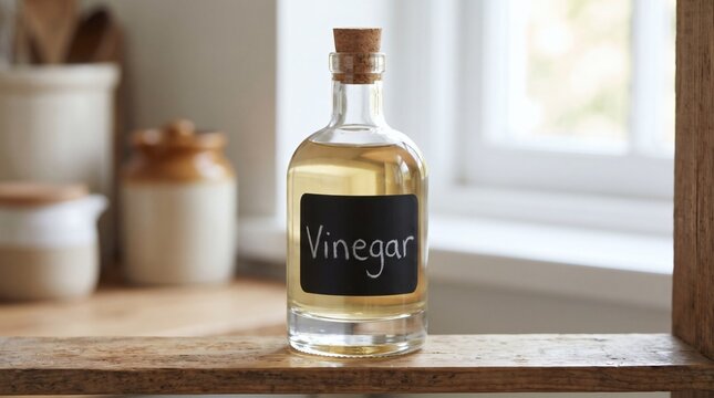 Clear vinegar in a glass bottle with a chalkboard label on a wooden surface.