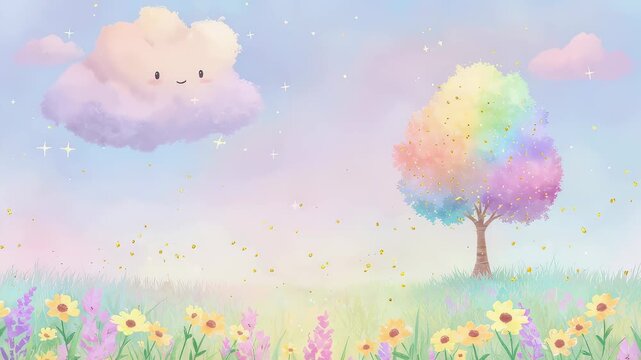 Cartoon landscape with a smiling cloud drifting over a rainbow tree in a meadow. Magical nature scene with pastel flowers and sparkling stars in a clear sky.