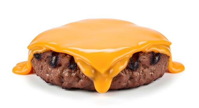 A perfect square of American cheese melting over a grilled burger patty, on white.