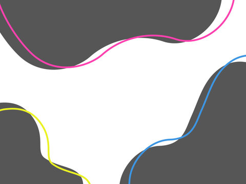 ダークグレーの波形シェイプとカラーラインが流れるスタイリッシュな抽象フレーム素材 / Abstract dark gray wave shape frame with colorful pink yellow blue line accent isolated on transparent background