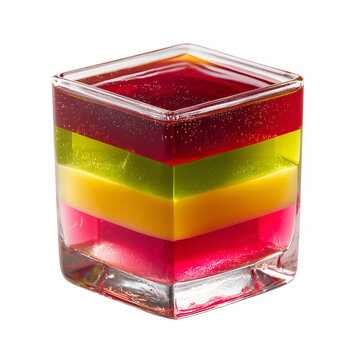 Layered rainbow jelly. Colorful gelatin dessert served in glass cup isolated on white background. Sweet confectionery and rainbow dessert
