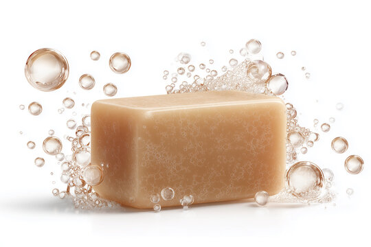 Natural beige soap. Handmade cleansing soap bar with foam and water bubbles isolated on white background. Organic skincare product for body and hand washing