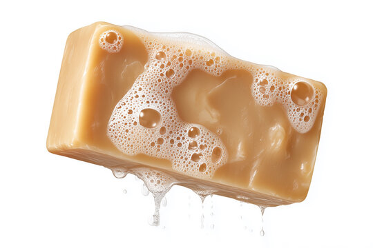 Natural brown soap. Handmade soap bar with rich foam isolated on white background. Organic skincare product for cleansing and personal hygiene