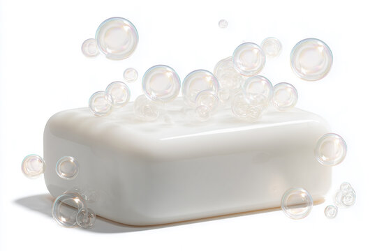 White soap with bubbles. Rectangular cleansing soap bar isolated on white background. Personal hygiene product for skincare and everyday washing