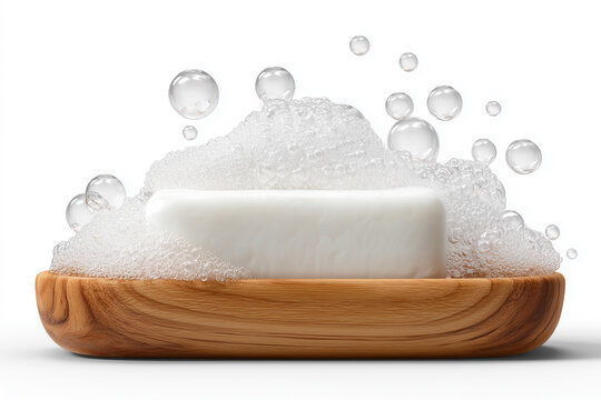 White soap bar. Foaming soap on wooden soap dish isolated on white background. Hygiene and skincare product for daily hand and body washing