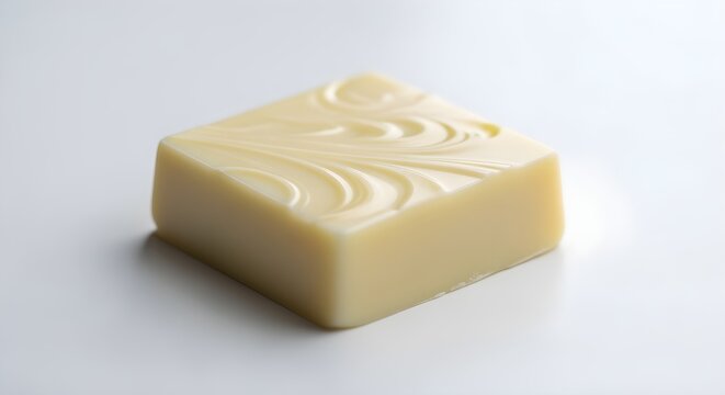 A single, smooth square of high-quality white chocolate with cocoa butter streaks, on white.