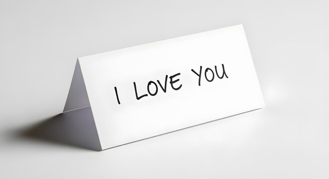 A small, folded piece of paper with "I Love You" written in simple handwriting, on white.