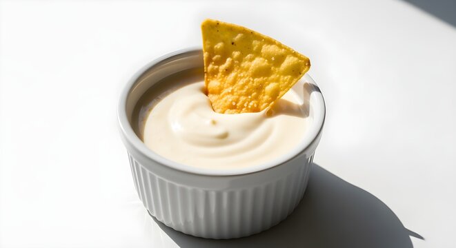 A small ramekin of smooth white queso with one tortilla chip dipping in, on white.