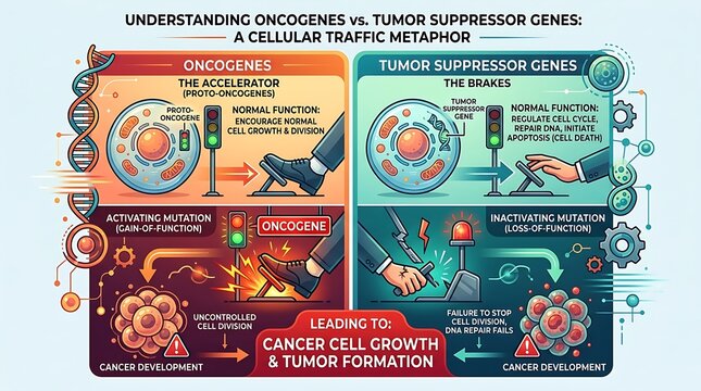 Oncogenes vs tumor suppressor genes cellular traffic metaphor