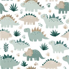 Obraz premium Cute dinosaur with playful forest elements, nursery theme, child friendly illustration, whimsical design. SEAMLESS PATTERN