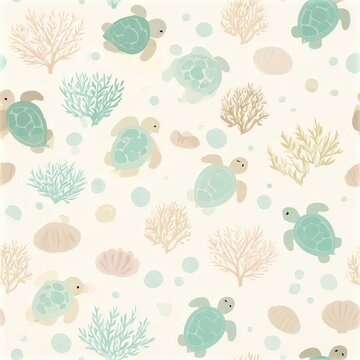 Sea turtle pattern with shells and marine plants, coastal wildlife theme, playful ocean inspired design. SEAMLESS PATTERN