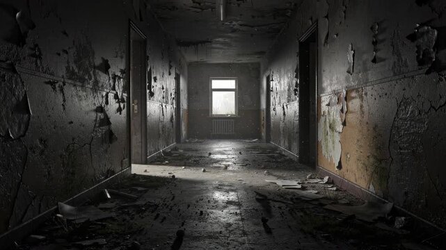 Dark abandoned hallway with peeling walls and debris illuminated by window light