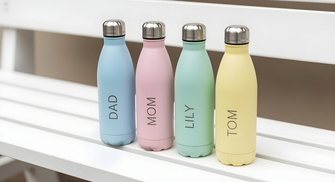 Four matching water bottles with family members' names on them, on a white bench.