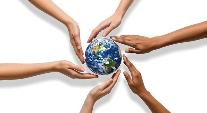 Hands from different skin tones passing a globe between them, on a white background.