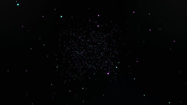 Cyan and pink digital particles float in a dark void with glowing neon highlights creating a matrix effect. Concept of futuristic data processing, artificial intelligence, and virtual reality