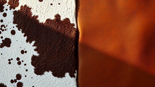Raw cowhide and finished leather side by side, texture contrast.
