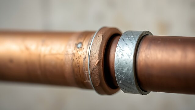 Close-up of a copper pipe joint with a silvery-white brazed connection.