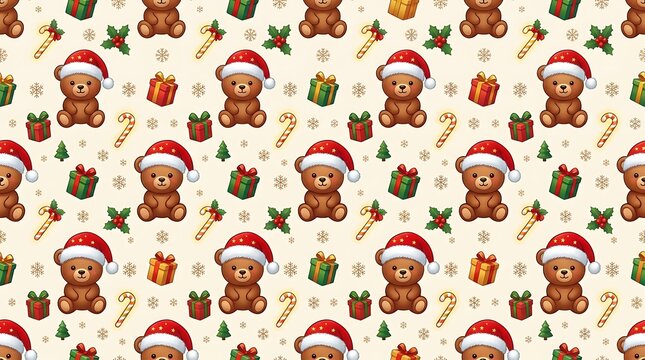 Cute teddy bear santa hat and gift box seamless holiday pattern