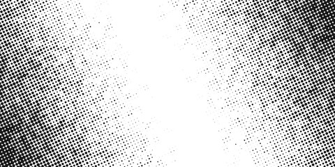 Grunge distress gradient background with a halftone texture overlay. Retro superhero polka dot and particles pattern. Vector technology background with linear circles and dots © KatyaD
