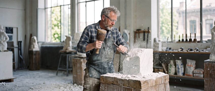 Male sculptor using mallet and chisel to carve marble block in bright studio with stone dust flying and statues in background