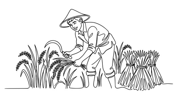 Continuous One Line Rice Harvesting Farmer Vector Icon for Rural Agriculture Design