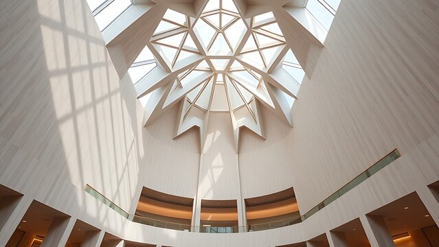 Modern atrium featuring icosahedral ceiling structure bathed in natural light.