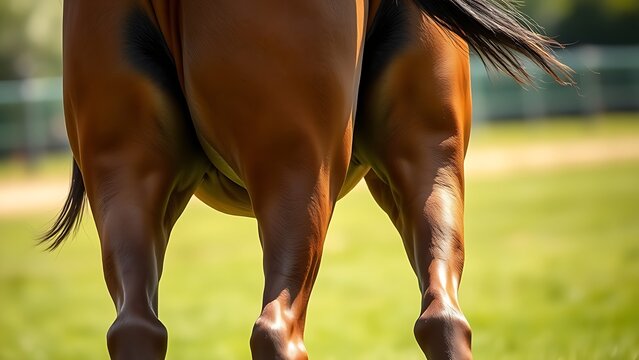 The powerful hindquarters of a thoroughbred racehorse in motion, glossy lines.