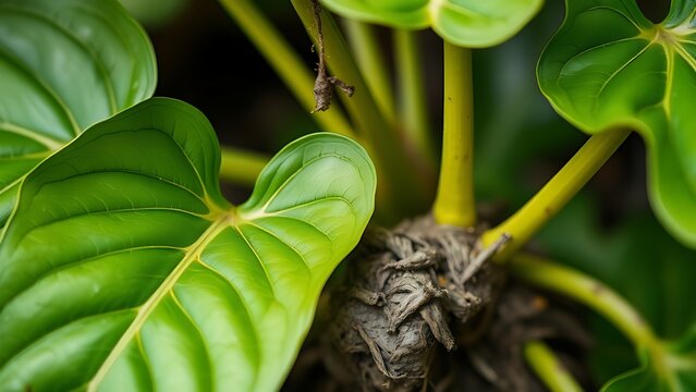 Close-up of a kava plant's heart-shaped leaves and textured root.