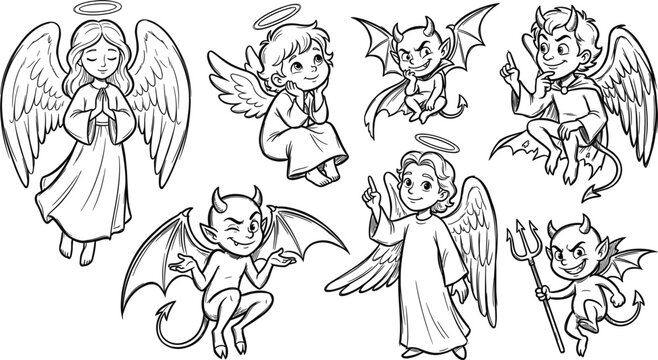 Angel and devil sketch vector collection with black outline cartoon characters for coloring book design