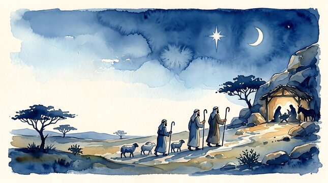 Shepherds walking toward nativity stable under a bright star