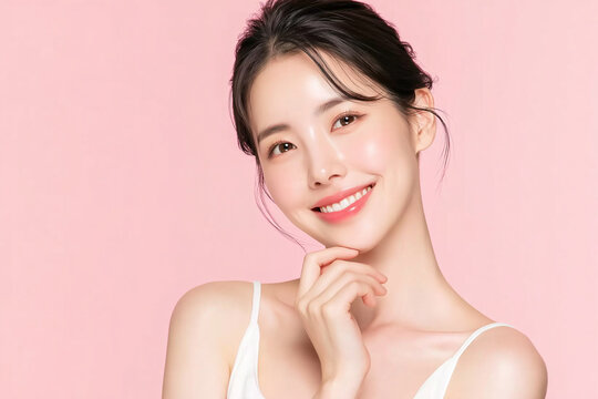 Skincare and beauty concept portrait of a charming smiling female model touching her chin