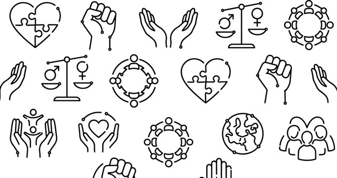Vector linear icon set featuring human rights gender equality and community justice symbols including scales of justice raised fist heart puzzle and protective hands