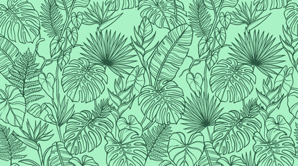 Fototapeta premium Hand drawn leaf pattern illustration of various tropical plants on a green background