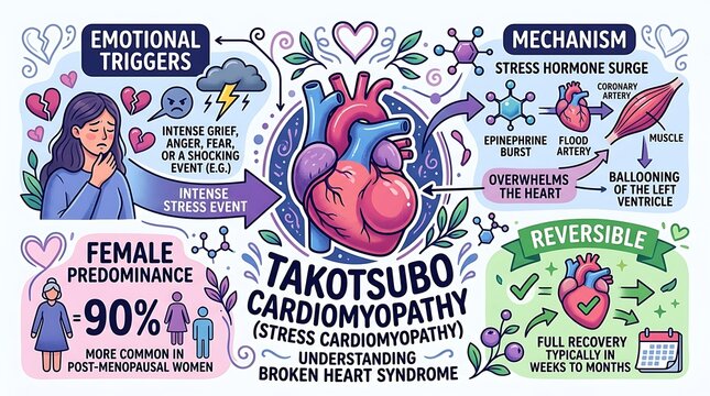 Medical infographic explaining broken heart syndrome and stress