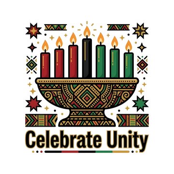 Flat vector illustration of a traditional Kwanzaa Kinara with seven lit candles in red, black, and green, featuring intricate African tribal geometric patterns and the text Celebrate Unity.