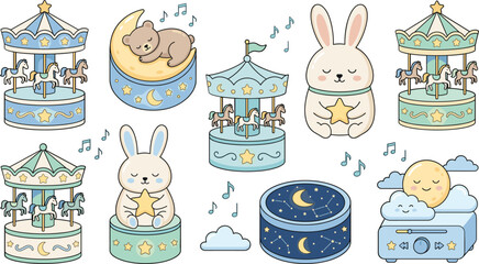 Cute baby music box vector collection with carousel horses sleeping bear bunny and starry night designs © Sagor