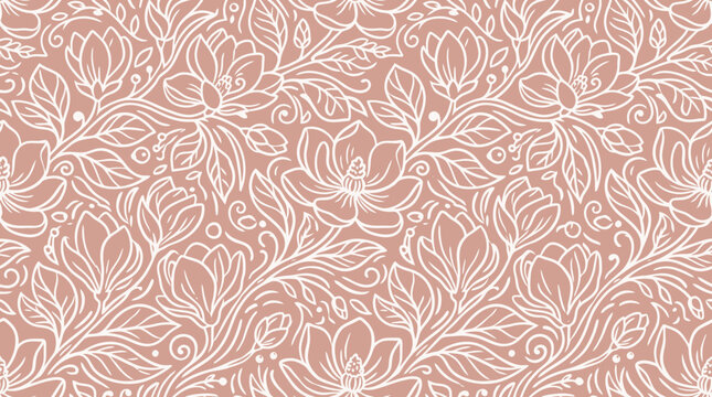 The hand drawn leaf pattern features floral designs on a pink background.
