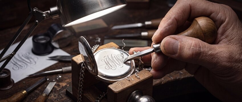 Engraver hand holding small metal chisel carving intricate monogram initials into silver pocket watch casing under bright lamp