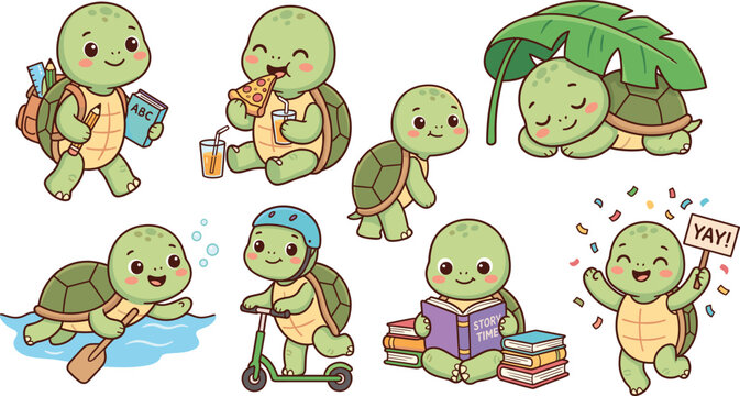 Cute cartoon turtle vector collection with funny tortoise characters reading eating sleeping for kids design